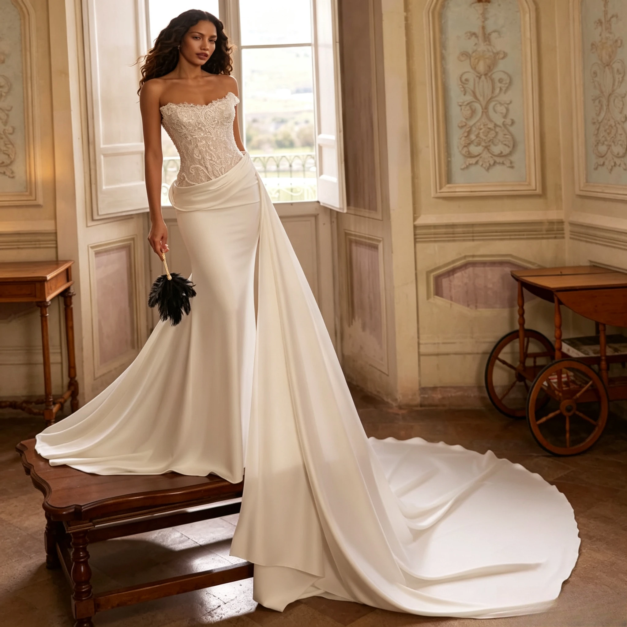 Weißes Brautkleid mit trägerlosem Ausschnitt, Spitzenbesetztem Korsett, Meerjungfrauen-Silhouette und drapiertem Schleppen für Hochzeiten