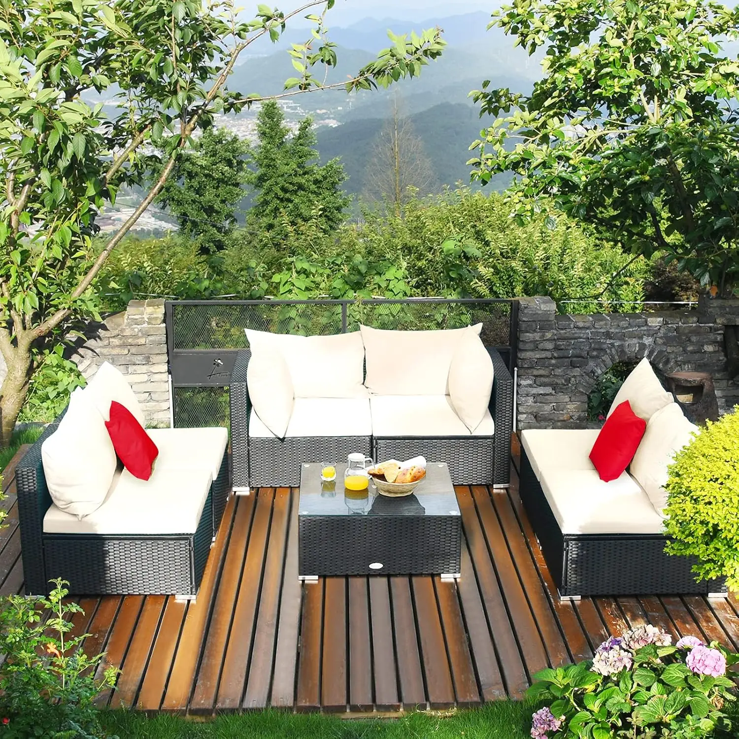 Tangkula-Conjunto de Móveis para Pátio, Sofá Seccional Exterior com Travesseiros e Almofadas, Café e Café, 7 PCs