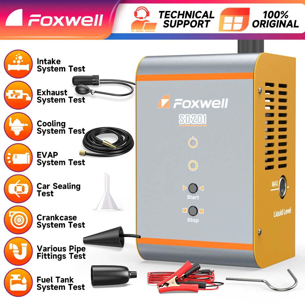

FOXWELL SD201 Automotive Smoke Machine 12V Built-in Air Compressor EVAP Vacuum Exhaust Pipe Smoke Diagnostic Leak Detector