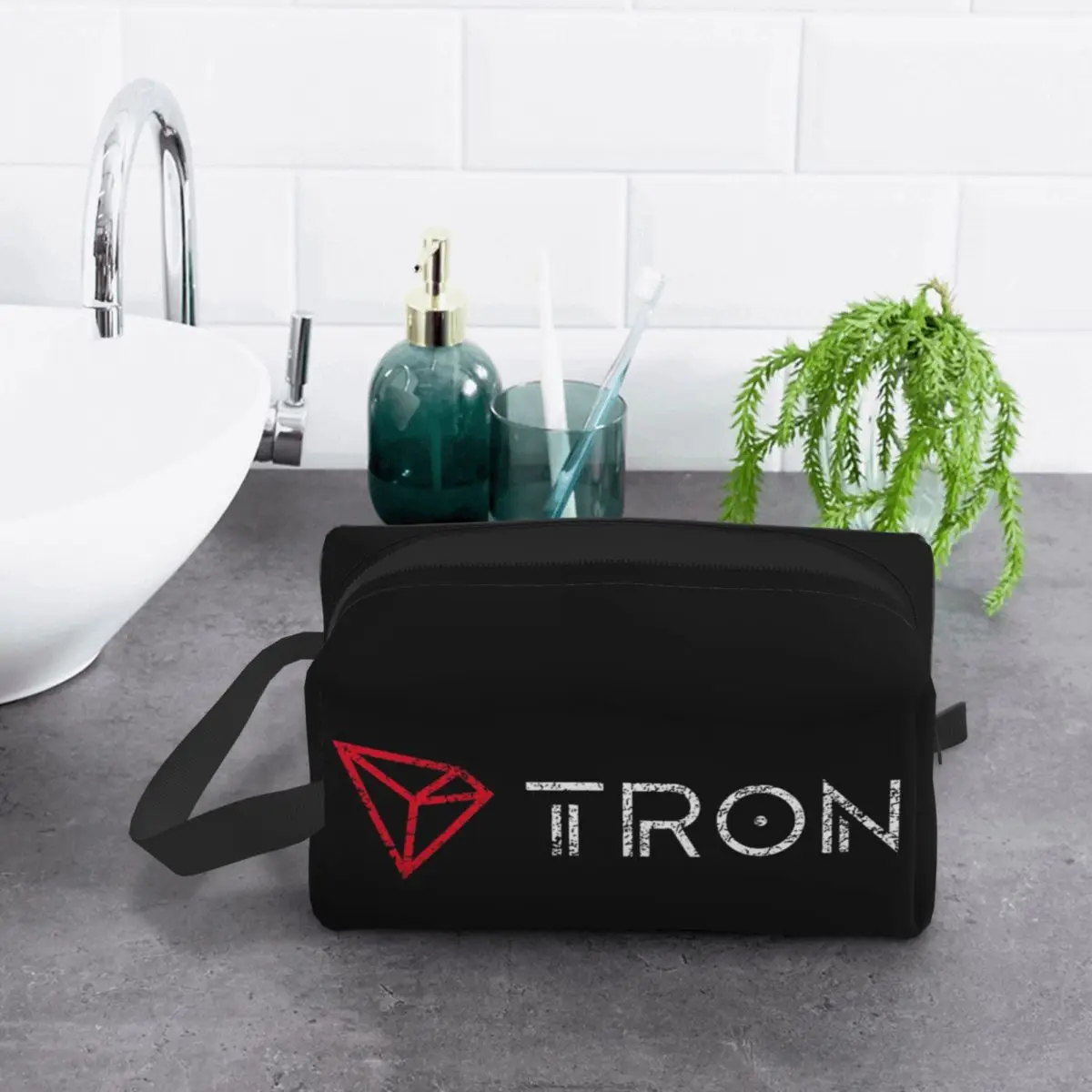 Tron TRX Distressed Crypto Trader Logo Makeup Bag Cosmetic Organizer Storage Dopp Kit Toiletry Cosmetic Bag for Women Beauty