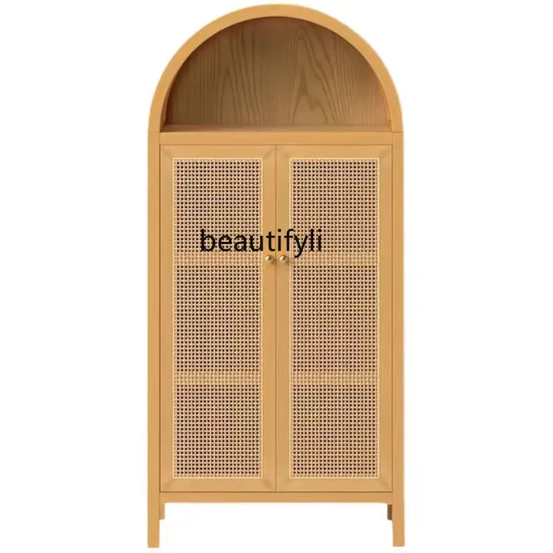 

European-Style Ash Bookcase Rattan Floor Decoration Cabinet Living Room Locker Arch Storage Cabinet