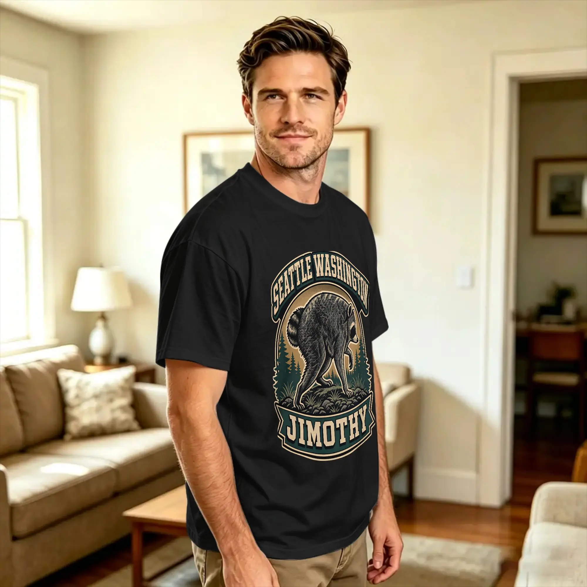 Men Jimothy Raccoon Seattle Washington T Shirts  Cotton Tops Summer Y2K Basic Short-Sleeve T-Shirt O-Neck Harajuku Tee Shirt