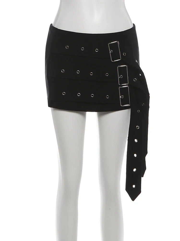 Nibber Hottie Punk Style Sexy 2 Piece Set Women Shirring Sleeveless Bandages Tank Top+Metal Buckle Peach Hip Skirt Chic Suit