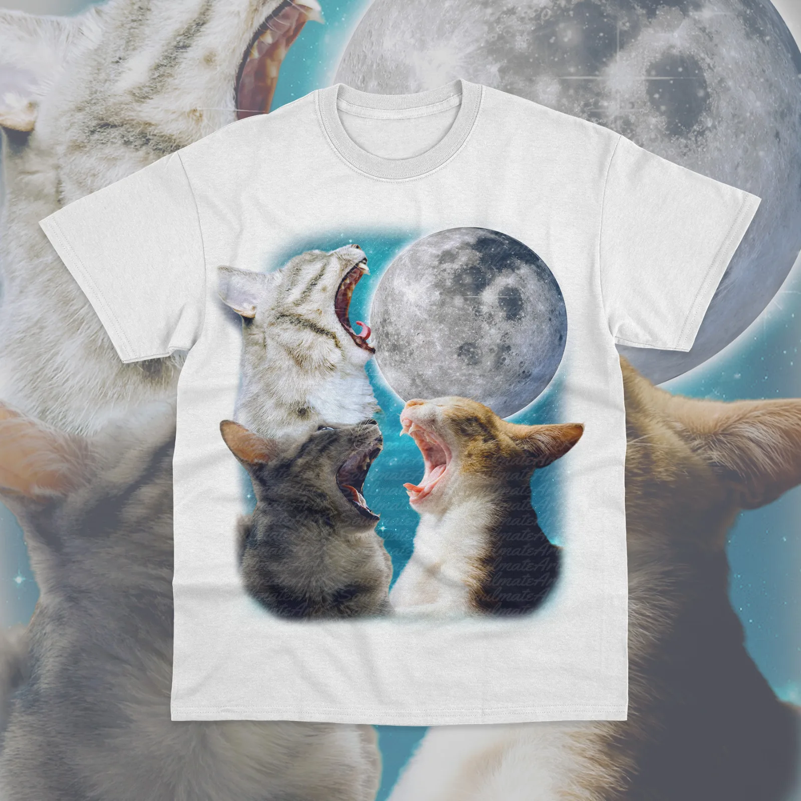 Three Cats T-Shirt Meowing At Moon Funny Meme Unisex Sweater Hoodie Soft Tee