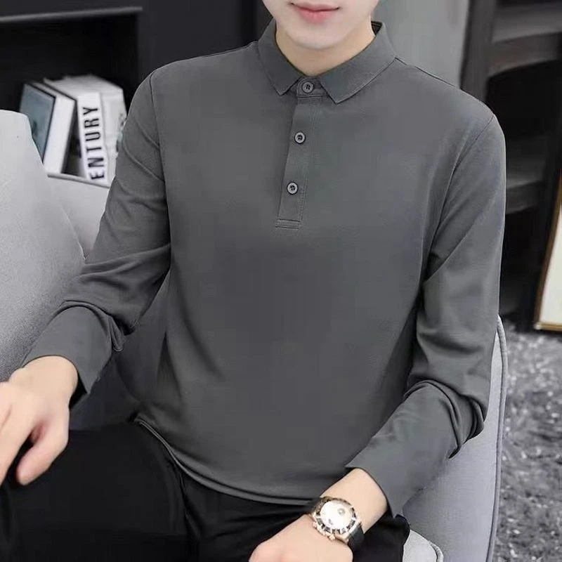 Men's Pure Cotton Long Sleeve Polo Shirt Business Collar 2026 New Autumn Slim Fit Trendy Inner Wear Top