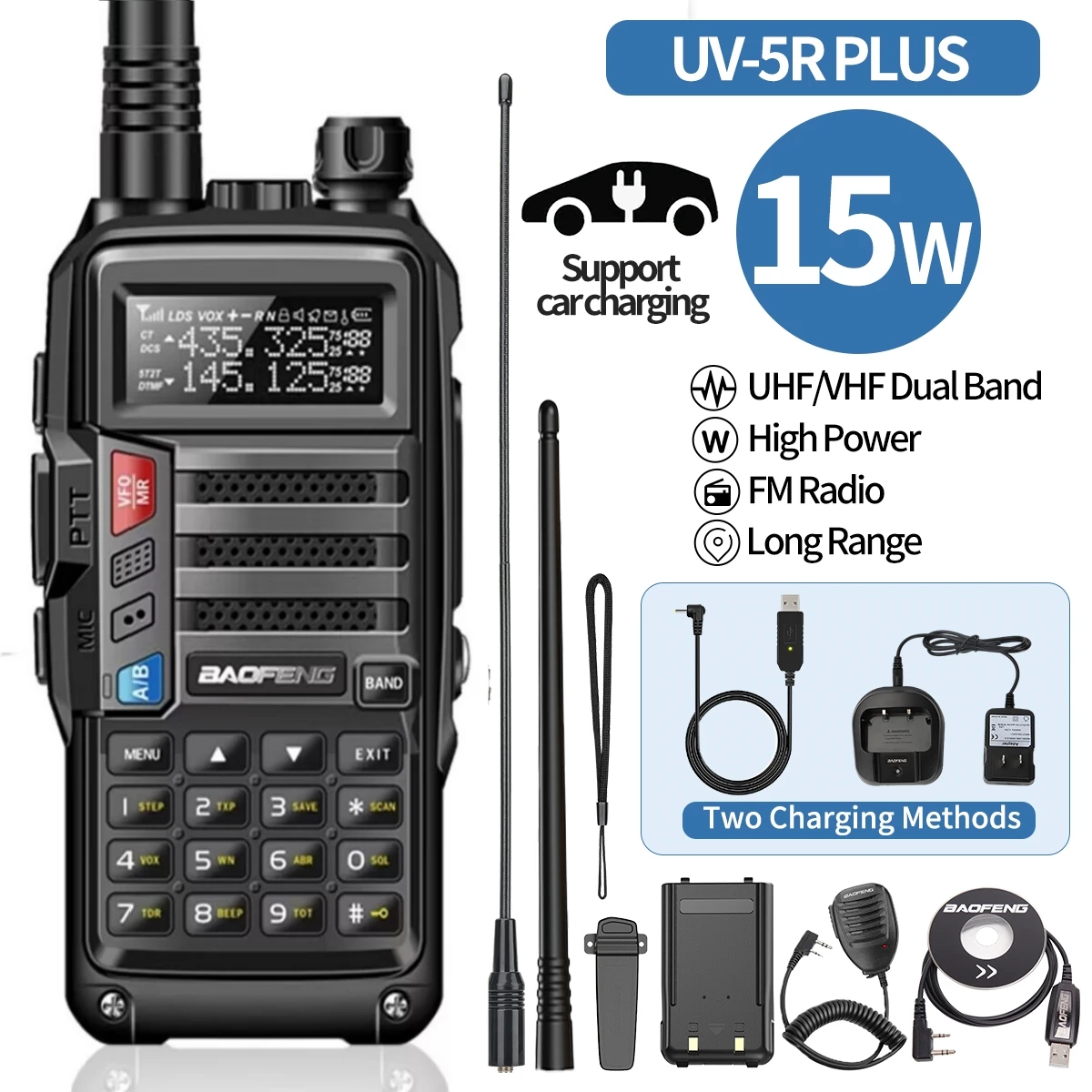 Портативная двусторонняя радиосвязь Baofeng UV-5R Plus 15 Вт с USB-зарядным устройством Портативная двусторонняя радиосвязь Baofeng UV-5R Plus 15 Вт с USB-зарядным устройством