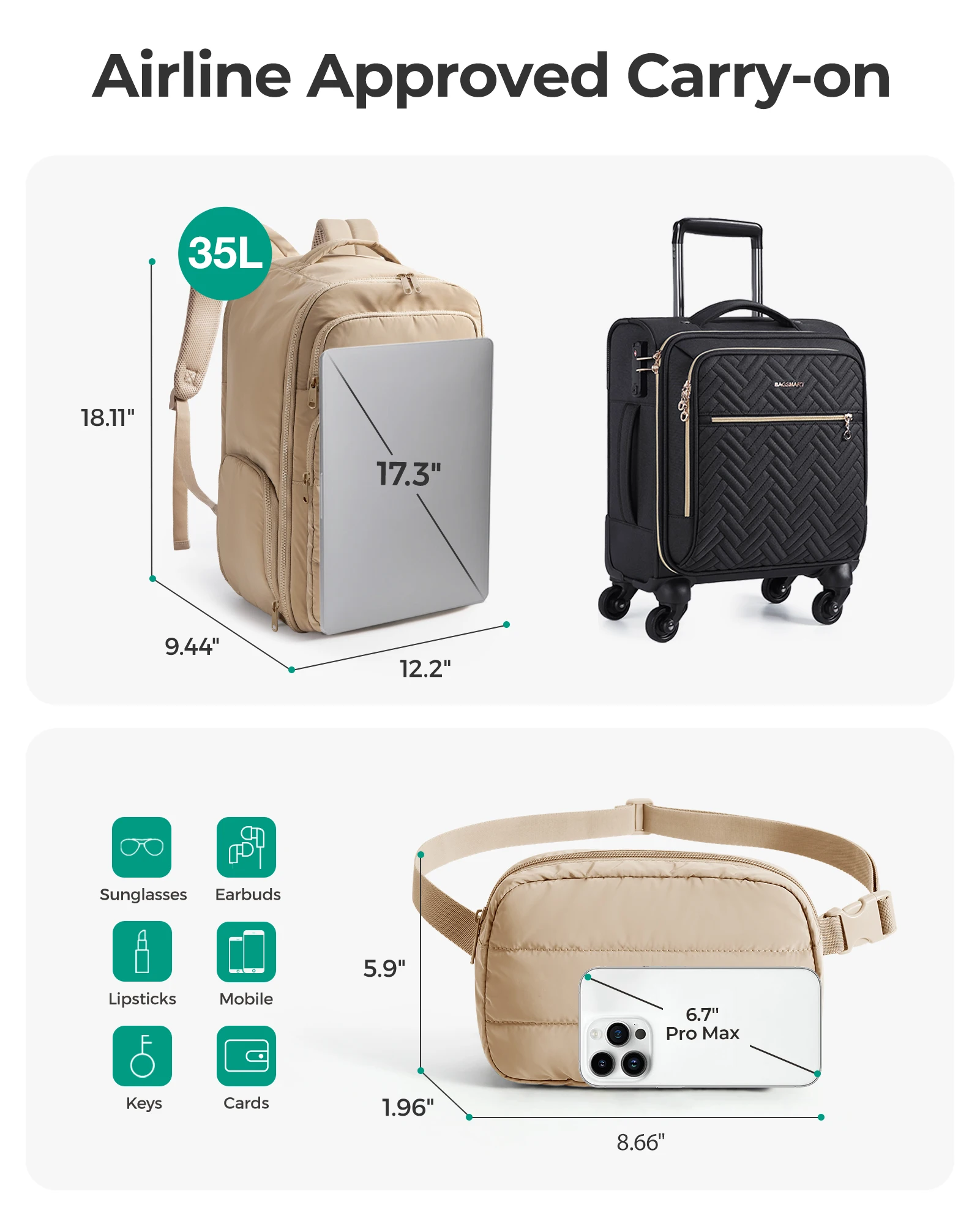BAGSMART 17.3 Inch Laptop Backpack Flight Approved 35L Carry On Backpack Water Resistant Casual Daypack Business Travel Bag