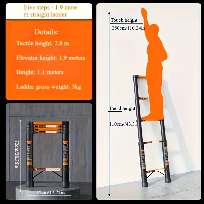 Escalera telescópica plegable de acero al carbono resistente de 90,55 pulgadas: plegable, cómoda y práctica, para el hogar/construcción, multi