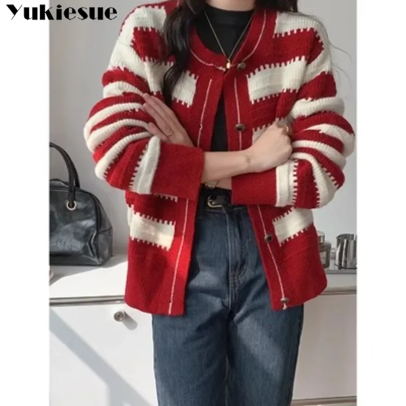 

Elegant Harajuku Sweater Long Sleeve Sweater Coat Women 2024 Spring Autumn Single-breasted Cardigan Sweater Stripes Patchwork