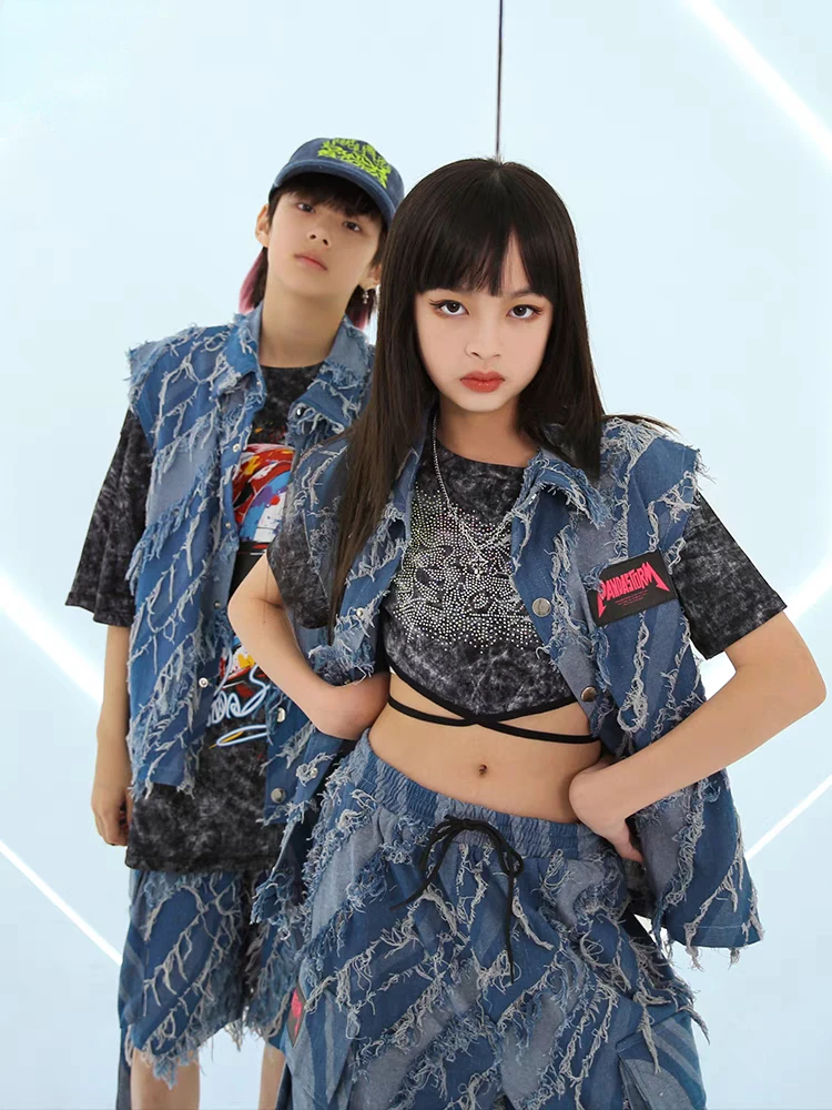 Neue Hip Hop Street Dance Kleidung für Kinder Blau Denim Weste Shorts T-shirt Jungen Mädchen Jazz Performance Kostüm Teenager Bühne Outfits