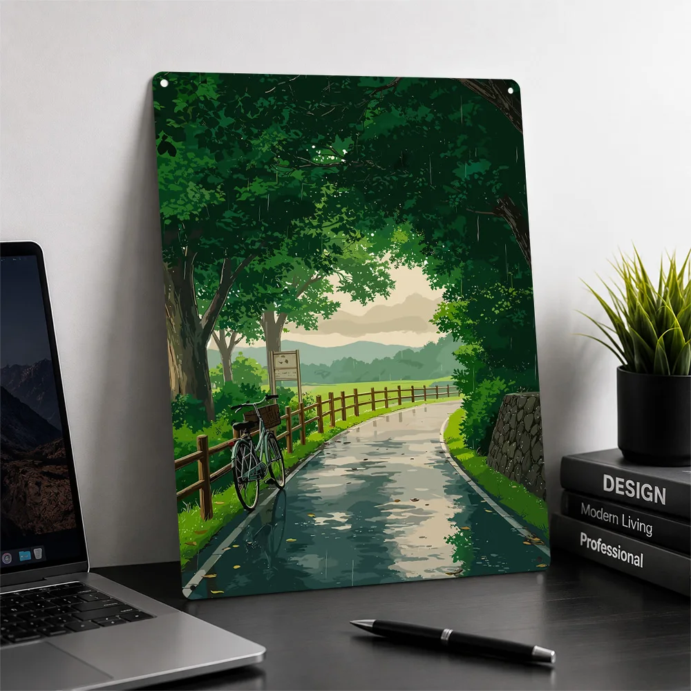 Rainy Day Bicycle Ride Landscape Personalized 3D Textured Metal Poster Wall Art Tinplate Sign for Garage Accessories Decor Room