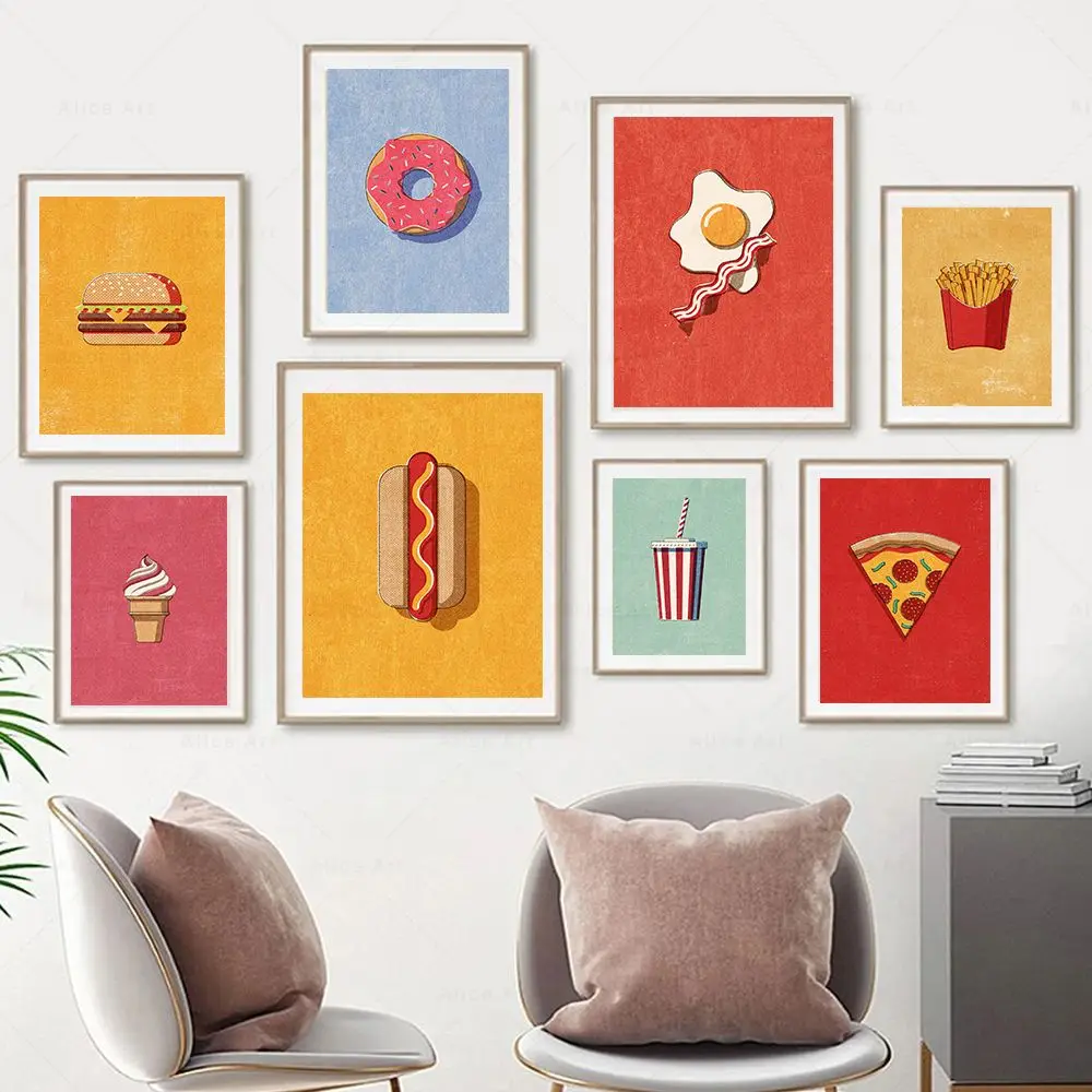 （2D Canvas painting） Vintage Food Poster Burger Fries Hot Dog Ice Cream Pizza Softdrink Bacon Donuts Dessert Wall Art Prints