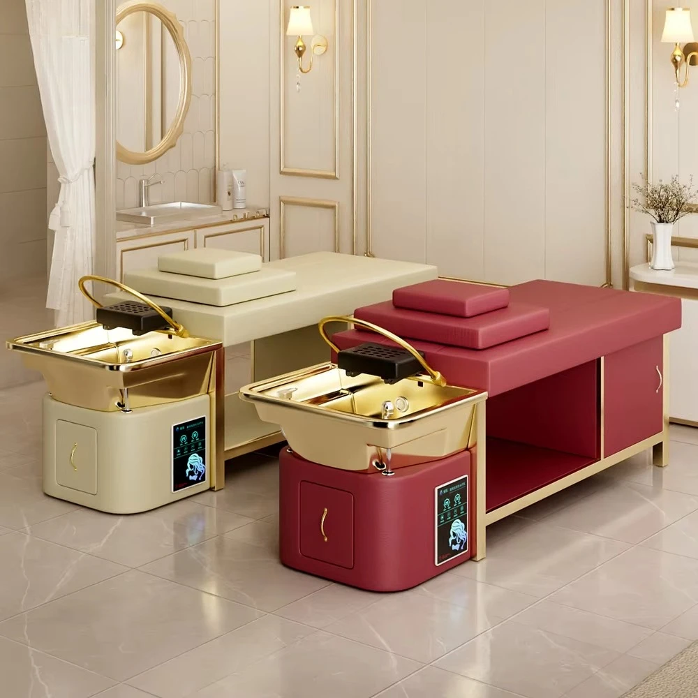 Luxury Beauty Salon Shampoo With Vaporizer, Golden Ceramic Basin, Massage Head, Treatment Bed With Locker