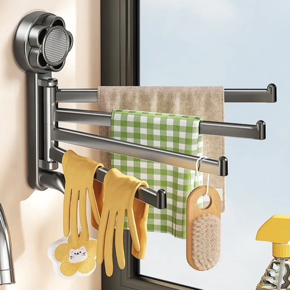 Multi-Functional Suction Cup Towel Rack Rotating 3/4-Bar Towel Hanger with Hook Wall Mounted Bath Towel Holder Shower