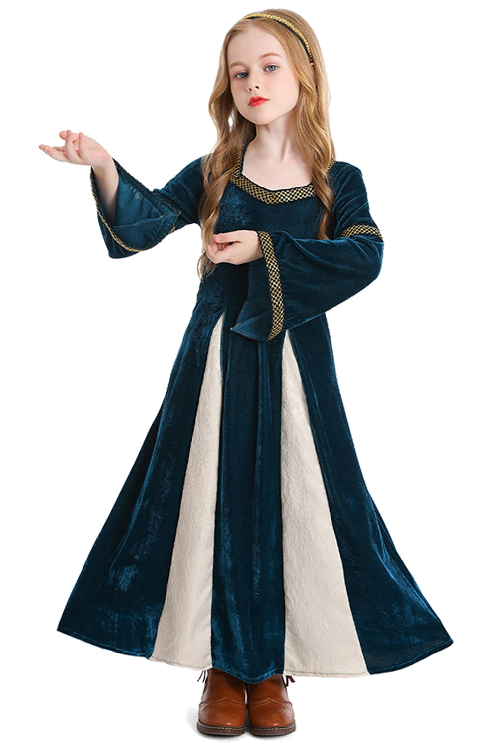 Wholesale Medieval Princess Cosplay Role Play Child Girl Navy Blue Flare Sleeve Dress Gown Renaissance Stage Performance Costume