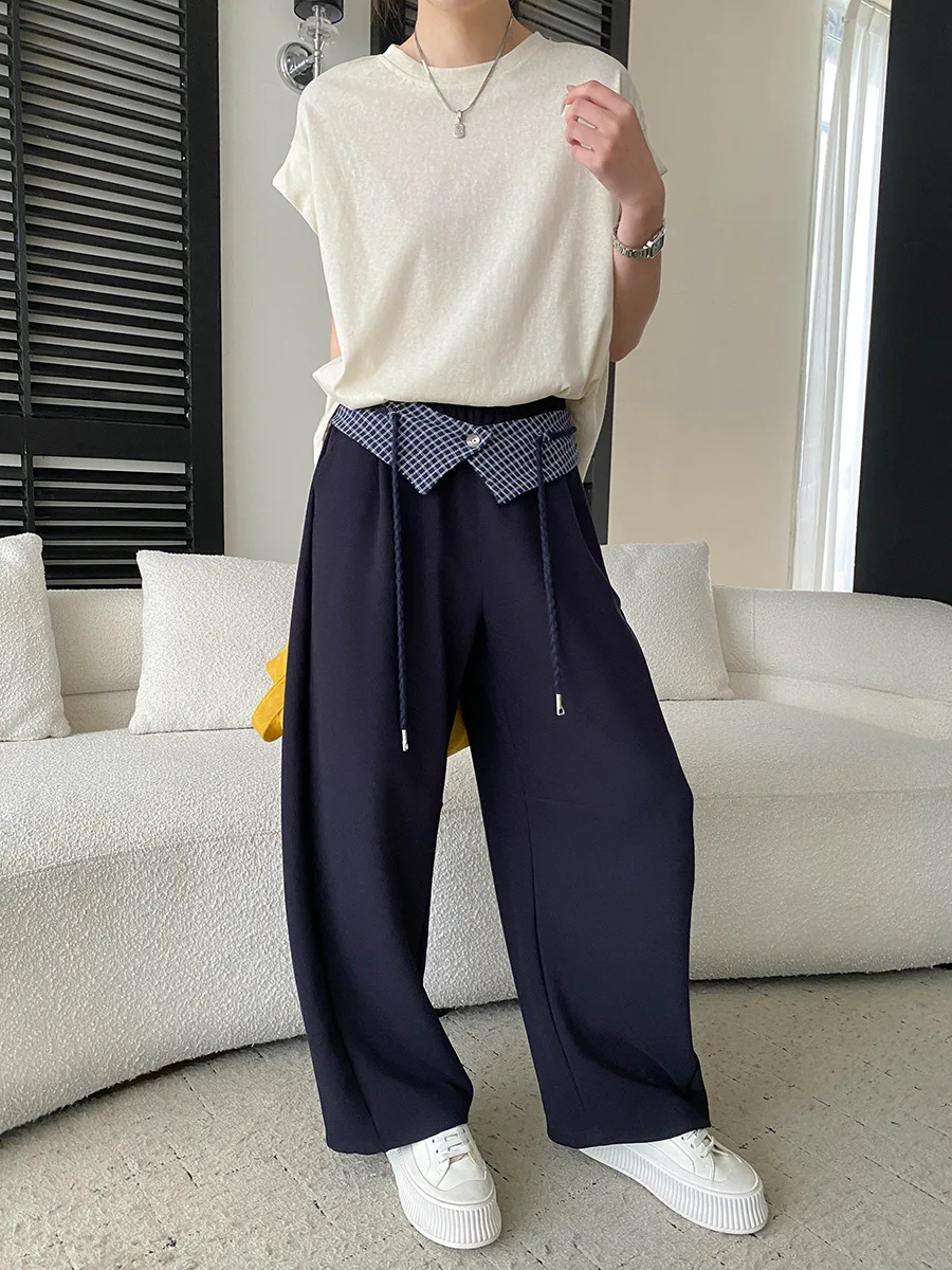 Frühlings- und Sommerhosen für Damen, lässig, einfarbig, abnehmbarer karierter Bund, elastische hohe Taille, schlank machende, weit geschnittene Hose mit geschwungenem Saum. – Detail 21