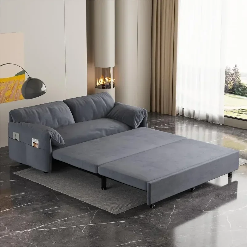 63.8" Futon Sofa Bed Queen Size, Pull Out Bed, 3-in-1 Convertible Sleeper Sofa with Side Pocket, Modern Velvet Futon Couch
