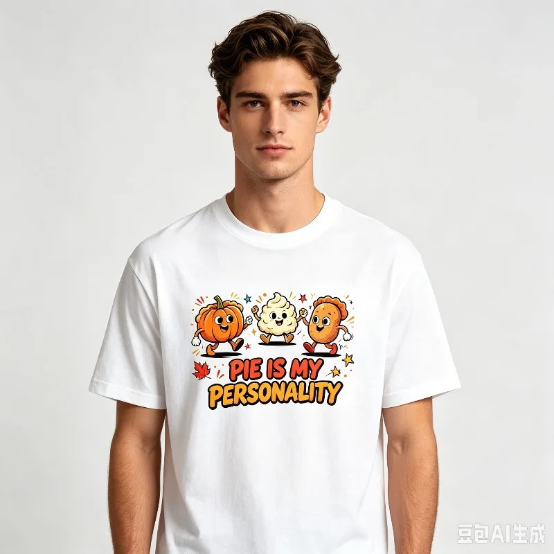 “Pie Is My Personality” Funny Thanksgiving Food Characters Graphic T-Shirt Men’s Soft Modal Crewneck Tee Casual Top