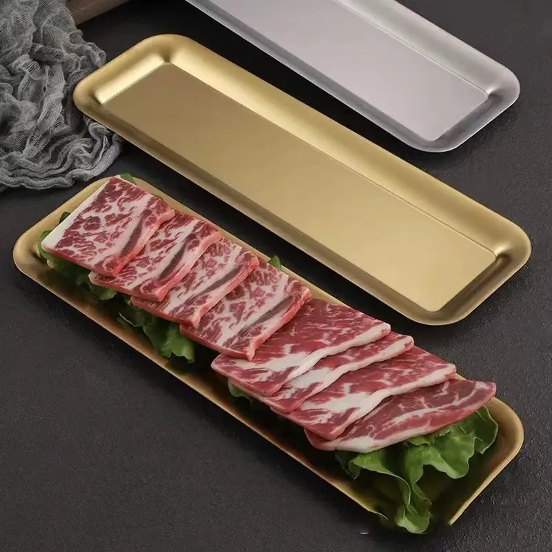 Korean version of 304 stainless steel rectangular plate, 40cm Strip plate, thick golden sushi plate, barbecue plate, flat plate