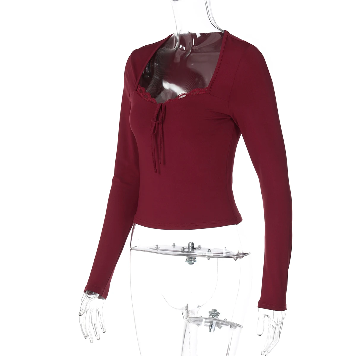 Hugcitar Elegante Langarm Solide Patchwork Spitze Verband Sexy Crop T-Shirt Top Schlank Herbst Frauen Kleidung Geburtstag Party Festival – Detail 3