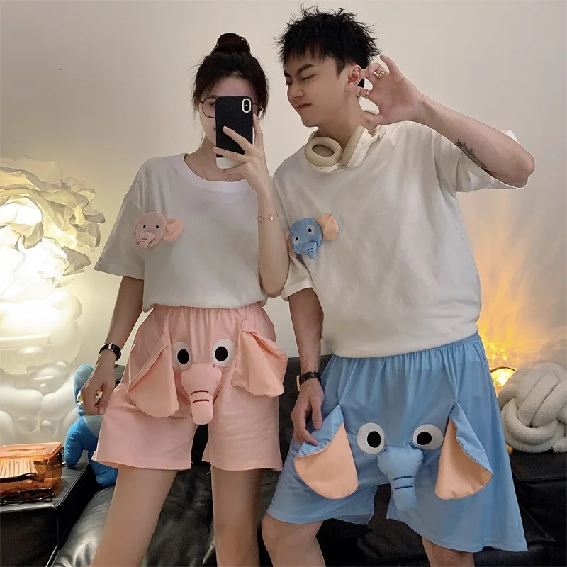 Sleepwears Summer Pajamas Women\'s Quirky Cute Elephant Suit Couple Short-sleeved Pajama Sets Two-piece Set Casual Homewear