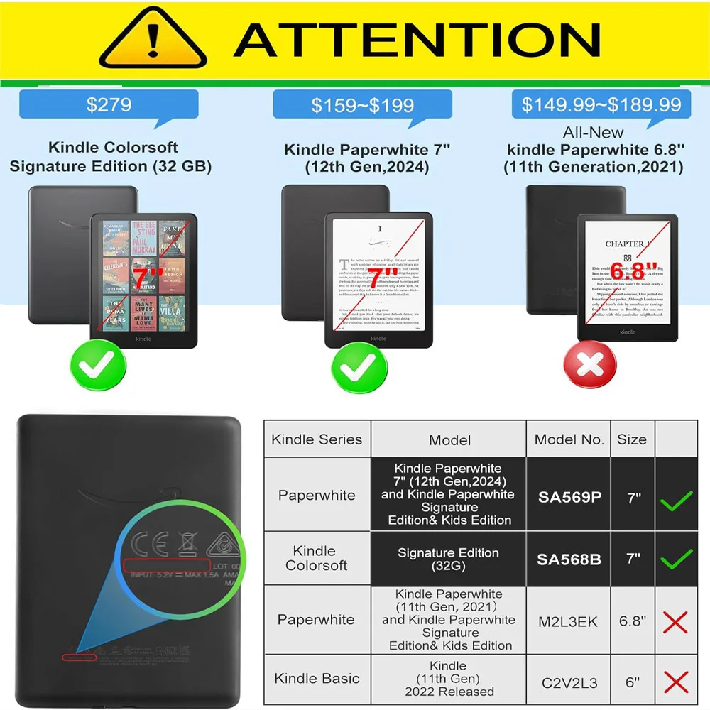 Case for Kindle Paperwhite 2024 12th Generation and Colorsoft 7 Inch SA569P SA568B Cover Case/Built-in Stand & Hand Strap