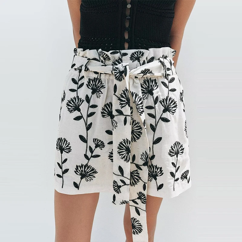 Ele bestickte Papiertüte, Taille, lässig, Orts, Damen, Faion, Sommer 2022, hohe Taille, gerades Bein, Polyesterfaser