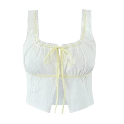 YENKYE Spliced Lace Yellow Ribbon Bow White Tank Top Women French Style Summer Holiday Crop Top New 2025 Tops