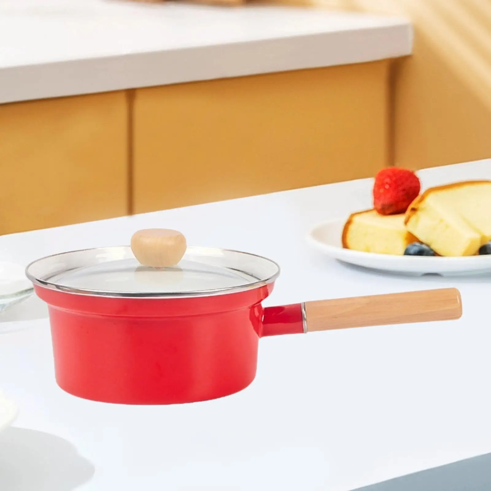 

Enamel Milk Heating Pot with Wooden Handle Lightweight Saucepan Multifunctional Cooking Pan for Induction Gas Stove