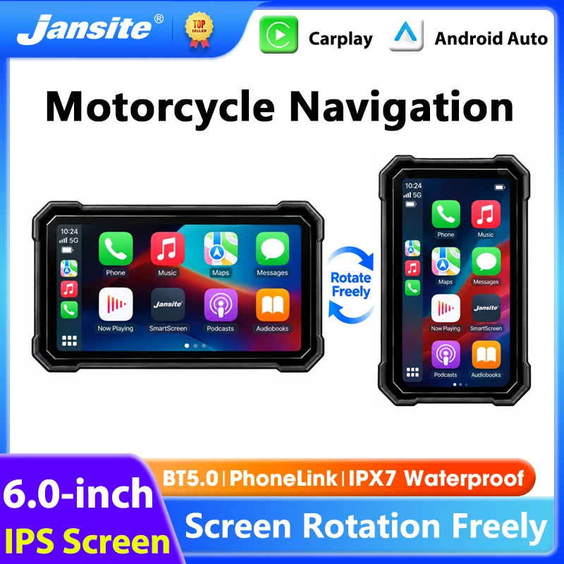 Jansite 6 Zoll Motorrad GPS-Navigation BT5.0 Kabelloses CarPlay Android Auto Digitales Armaturenbrett Monitor Bildschirm Drehung