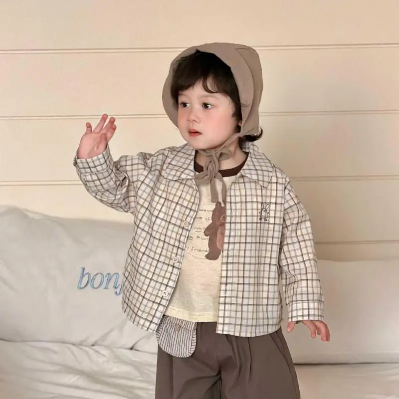 2026 Spring New Baby Long Sleeve Shirts Cotton Boys Vintage Plaid Shirts Infant Girls Casual Lapel Tops Toddler Clothes