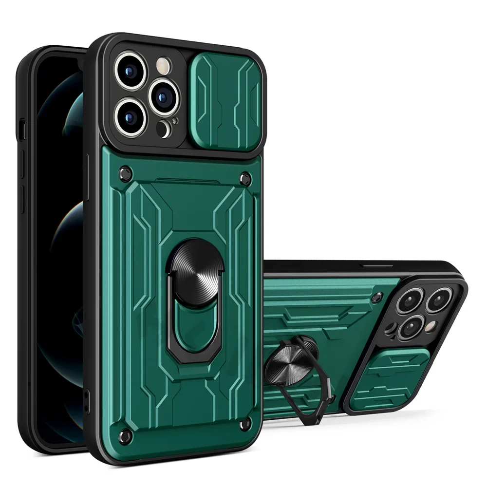Phone Case For iPhone 18 17 16 15 14 13 12 11 Pro Max Plus SE Slide Camera Card Slot Military Grade Ring 360 Magnetic Back Cover