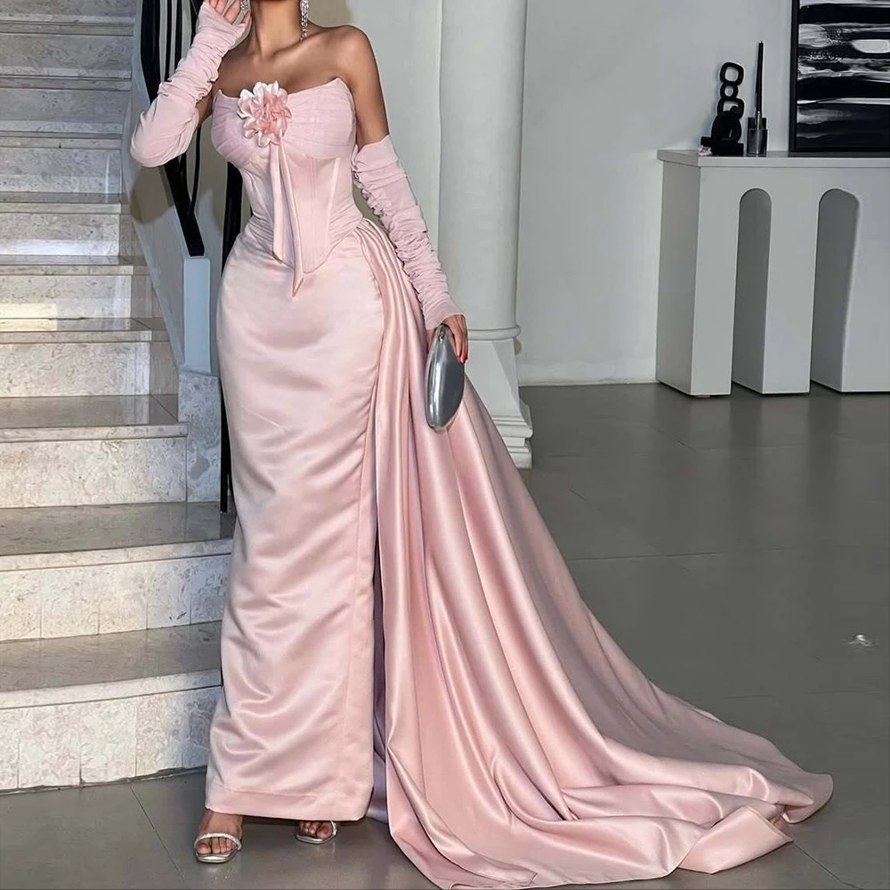 Trägerloses Abendkleid aus errötendem Satin für Damen, 3D-Blume, langer Handschuh, Schnürung am Rücken, Schleppe, luxuriöses formelles Kleid für Abschlussball, Hochzeitsgäste, Gala