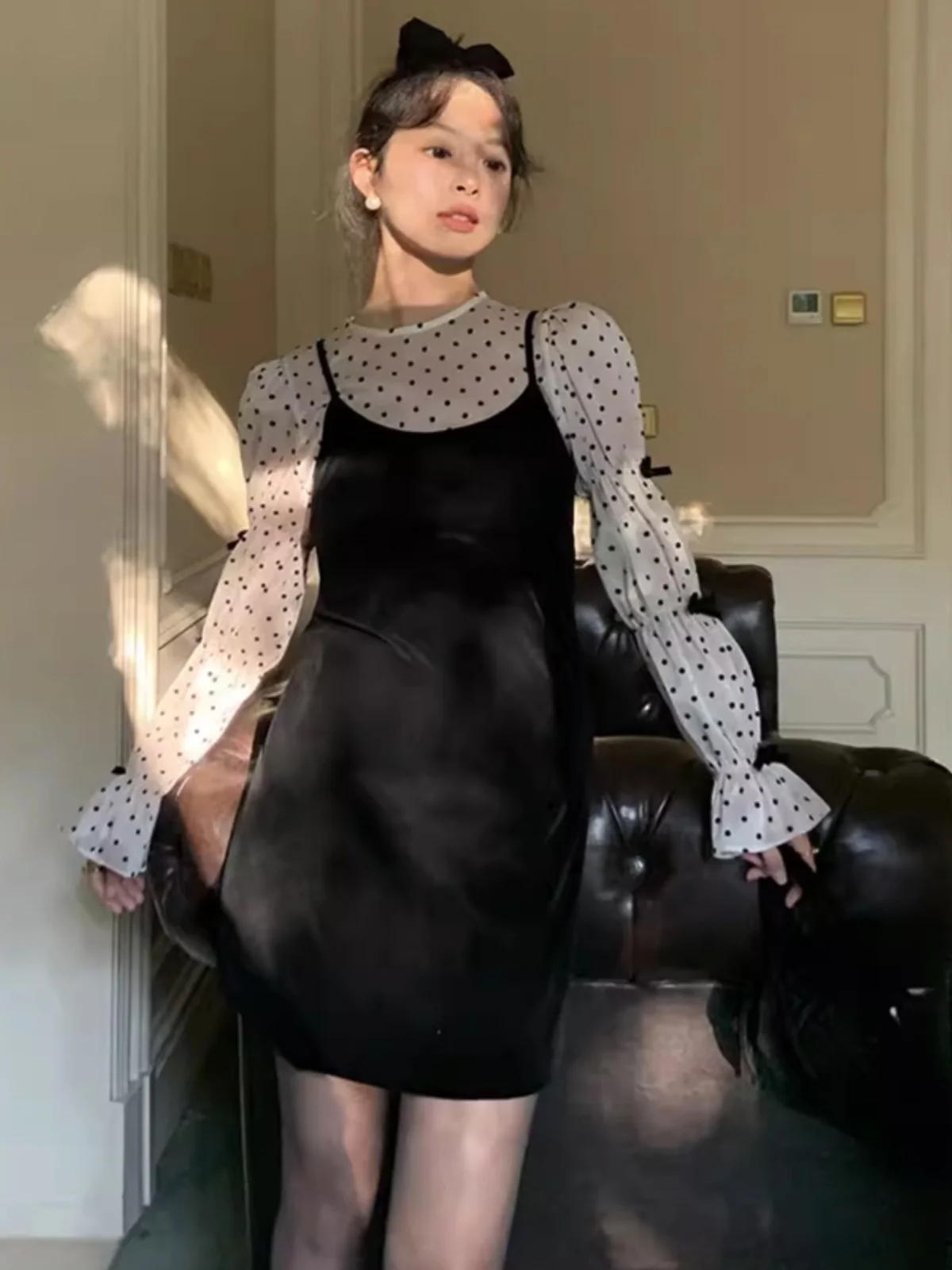 

Women's Early Spring Vintage Polka Dot Velvet Bubble Sve Blouse with Bow Tie under irt Velvet Strap Skirt Set