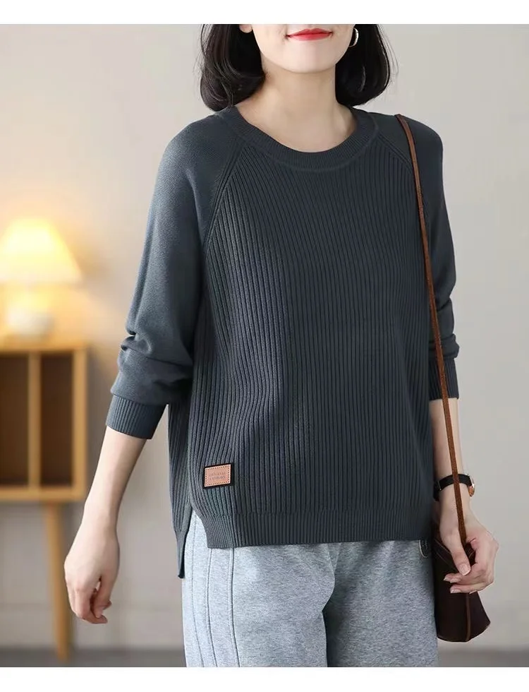 

Свободный женский вязаный свитер-топ в корейском стиле, скрывающий живот, для повседневной носки, с длинным рукавом, круглым вырезом, стандартный крой