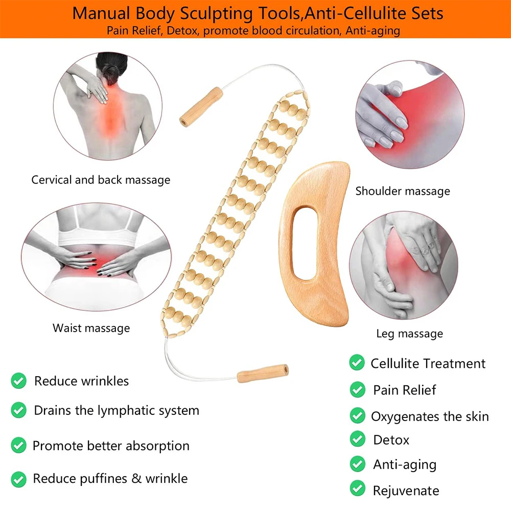 Herramientas de masaje para terapia de madera, herramienta de cuerda de rodillo de masaje de espalda de madera hecha a mano, Kit de Maderoterapia, herramientas para esculpir el cuerpo para relajar los músculos