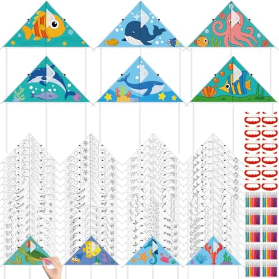 60 Pcs DIY Coloring Kites Kit for Pre-Printed Cartoon Animal Kites Summer Decorating Making Kit with Watercolor Pens and String
