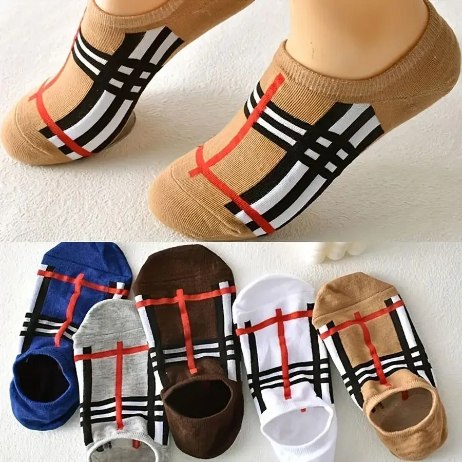 

2024 New 5 Pairs/Set Women's Plaid Socks Anti Slip Invisible Socks Cotton Kawaii Striped Socks Y2k Funny Gifts