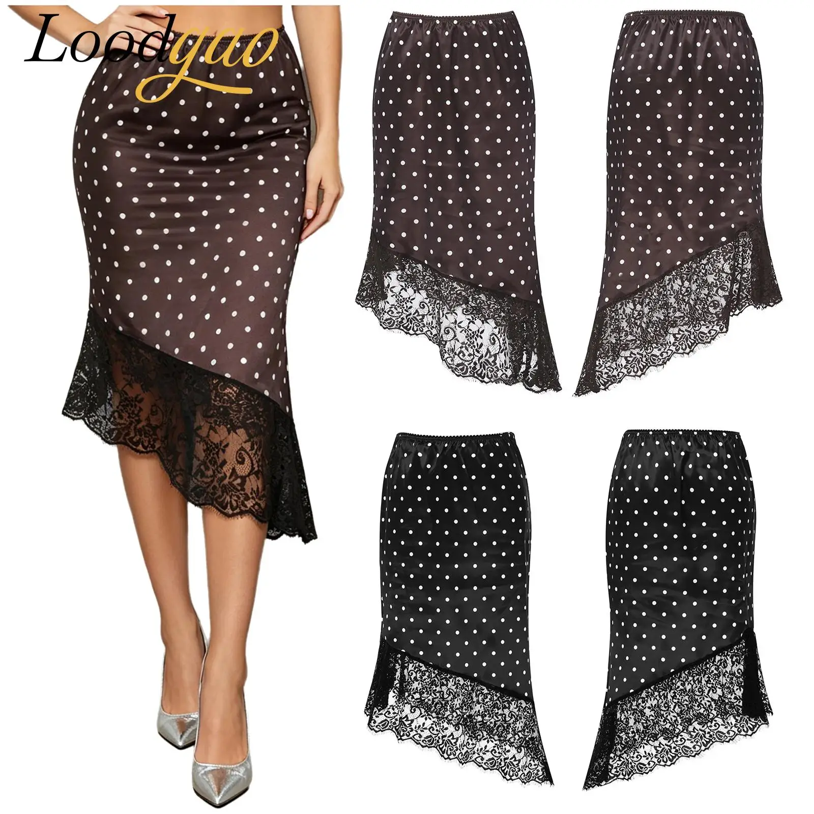 Women Polka Dot Elegant Floral Lace Trim Skirts Summer Party Prom Wear Satin High Waist Woman's Clothes Irregular Hem Skirt