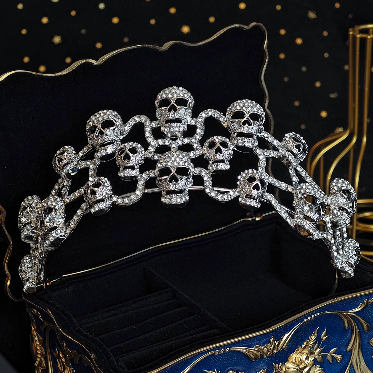실버 컬러 라인스톤 헤어밴드, 할로윈 해골 왕관 쥬얼리, 여성 및 소녀 파티, 코스프레 공주 머리띠 티아라