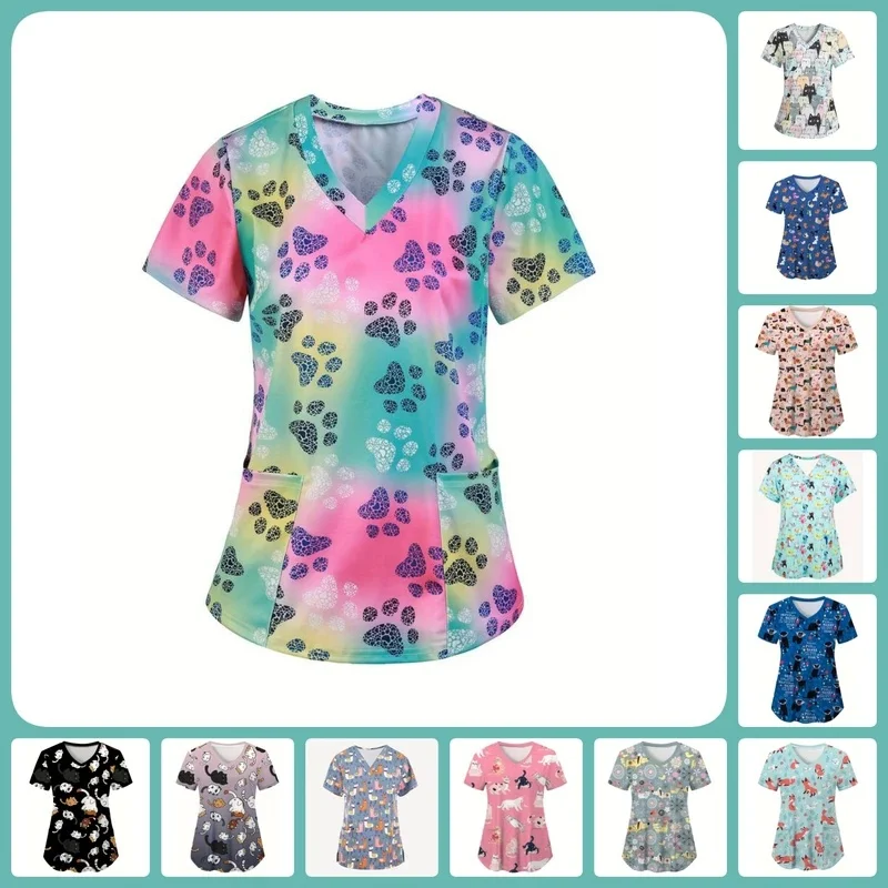 Women's medical short-sleeve shirtTShirt Cute Cartoon Print Dental Doctor Nurse Workwear VBreathable work shirt with tie pocket