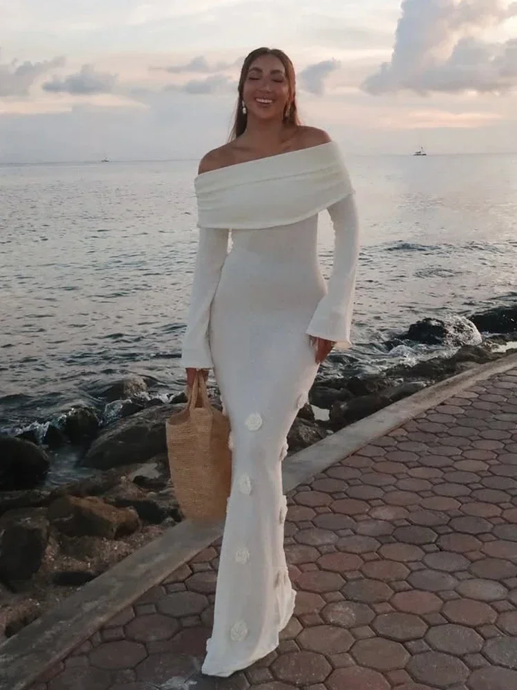 

Elegant Strapless 3d Flower Knitted Dress Women Off Shoulder Full Sleeve Pleated Slim Maxi Vestidos 2026 New Lady Vacation Gown