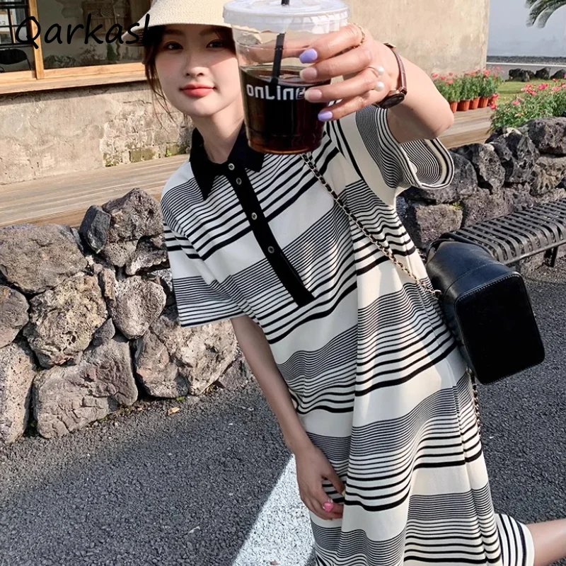 

Summer Short Sleeve Striped Dresses for Women Midi Loose Casual Daily Students Simple Korean Fashion All-match Retro Ulzzang