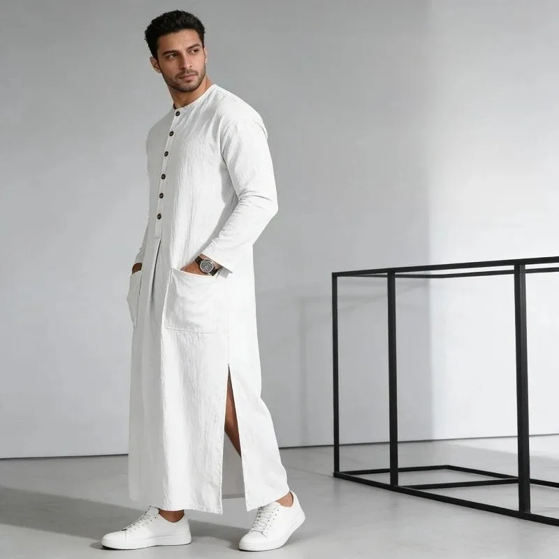 

Мусульманская мужская тоба с длинным рукавом, свободного кроя, повседневная, однотонная, с карманами