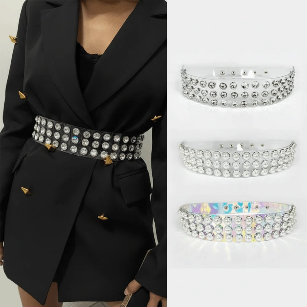 Imagen 3: Cinturón de Moda Plateado con Pedrería Transparente para Mujer, Decoración de Perlas, Cinturones de PVC Anchos y Transparentes para Mujer