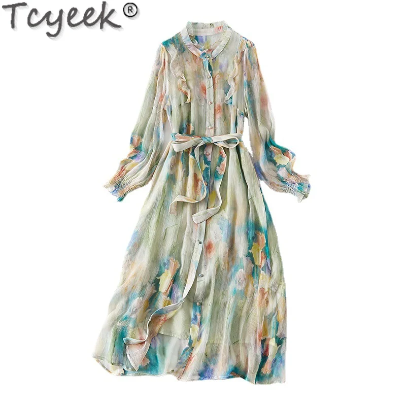 Tcyeek Women\'s Dress Spring Summer Print 100% Mulberry Real Silk Dress Fashion Beach Dresses Womans Clothing Long Sleeve латье