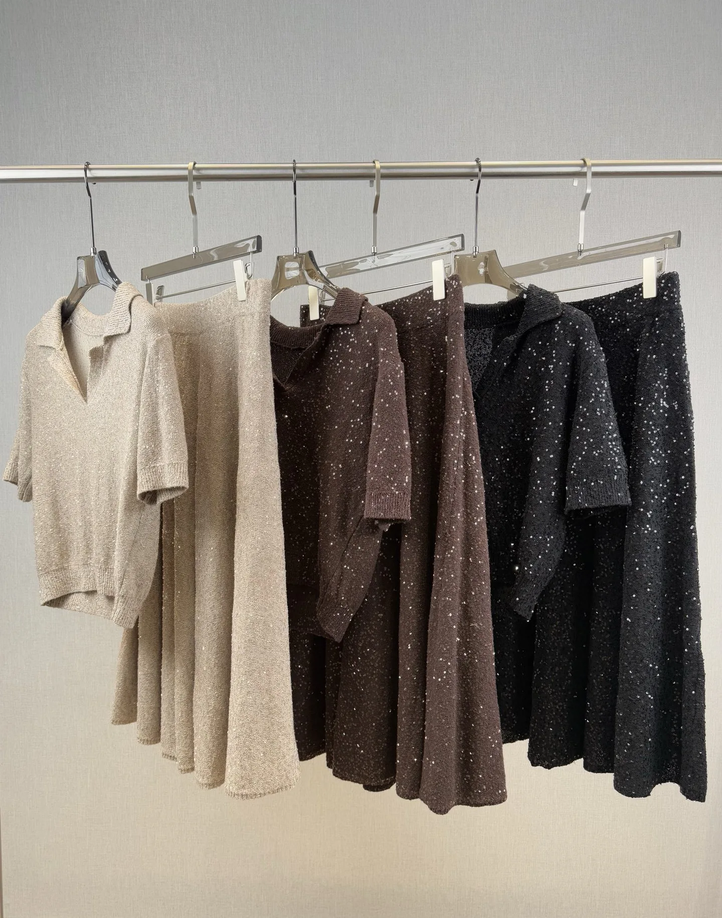 Spring luxurious sequined casual elegant solid color linen-cashmere knitted skirt suit