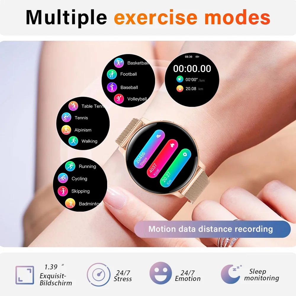 Viiray Montre intelligente pour femme Écran HD 1,39 pouces Moniteur de fréquence cardiaque et de sommeil Traqueur de cycle menstruel compatible avec iOS/Android