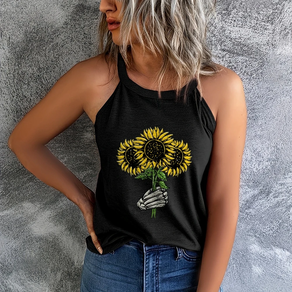 Sonnenblume Halloween Frauen einfarbig vielseitige Weste Rundhals Weste trend ige Tanktops Sommer Tank Top Workout Tank Top