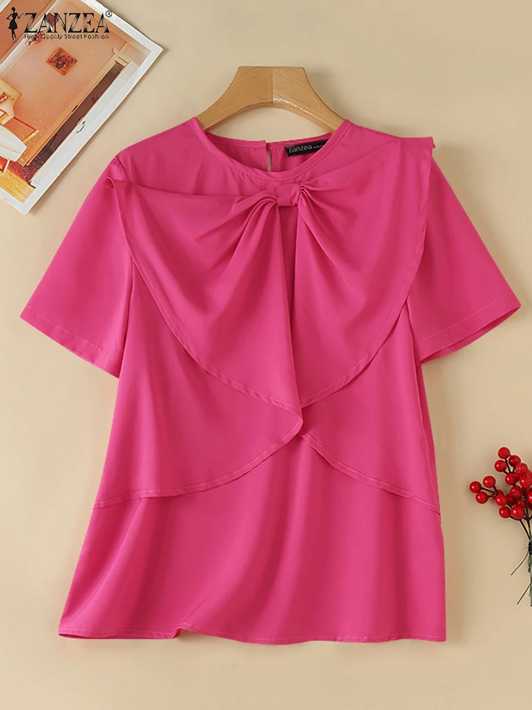 

ZANZEA 2025 Summer T-Shirt Women Chic Bowknot Short Sleeve Blouse Korean Patchwork O-neck Tops Holiday Casual Loose Solid Tunic